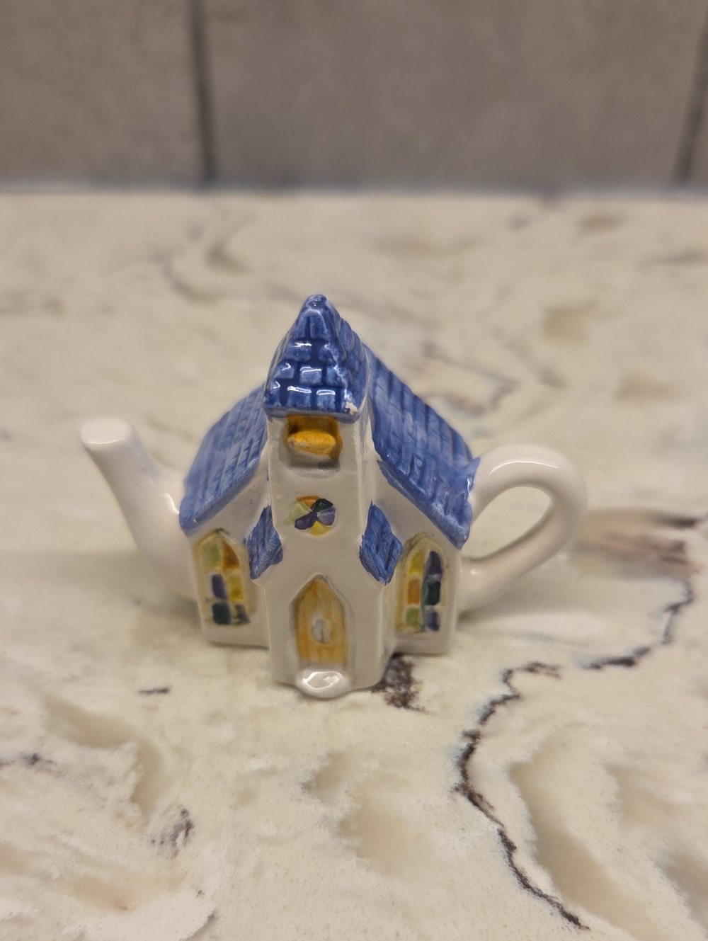 Red Rose Ceramic Church Figurine Teapot Blue Roof Vintage 1997 Roseville